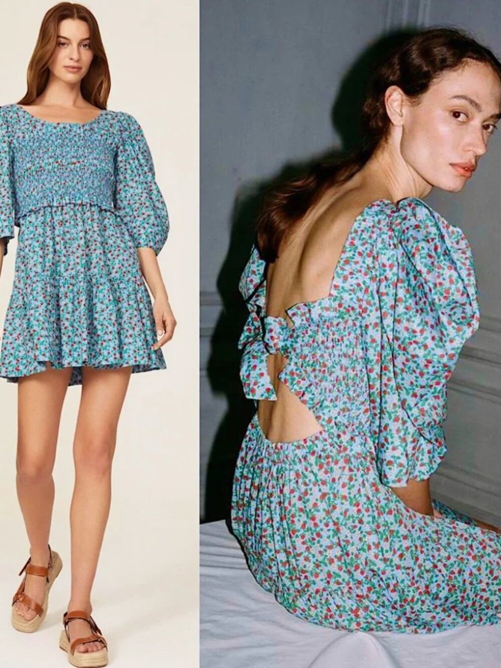 SEA Liberty Lilly Mini Dress Dainty Strawberry Floral Puff Sleeve Smocked tiered
